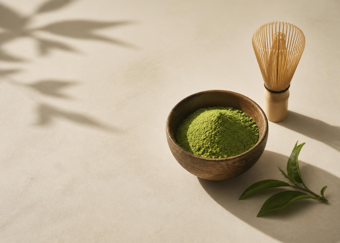 Matcha powder, a bamboo whisk and fresh tea leaves in soft morning light